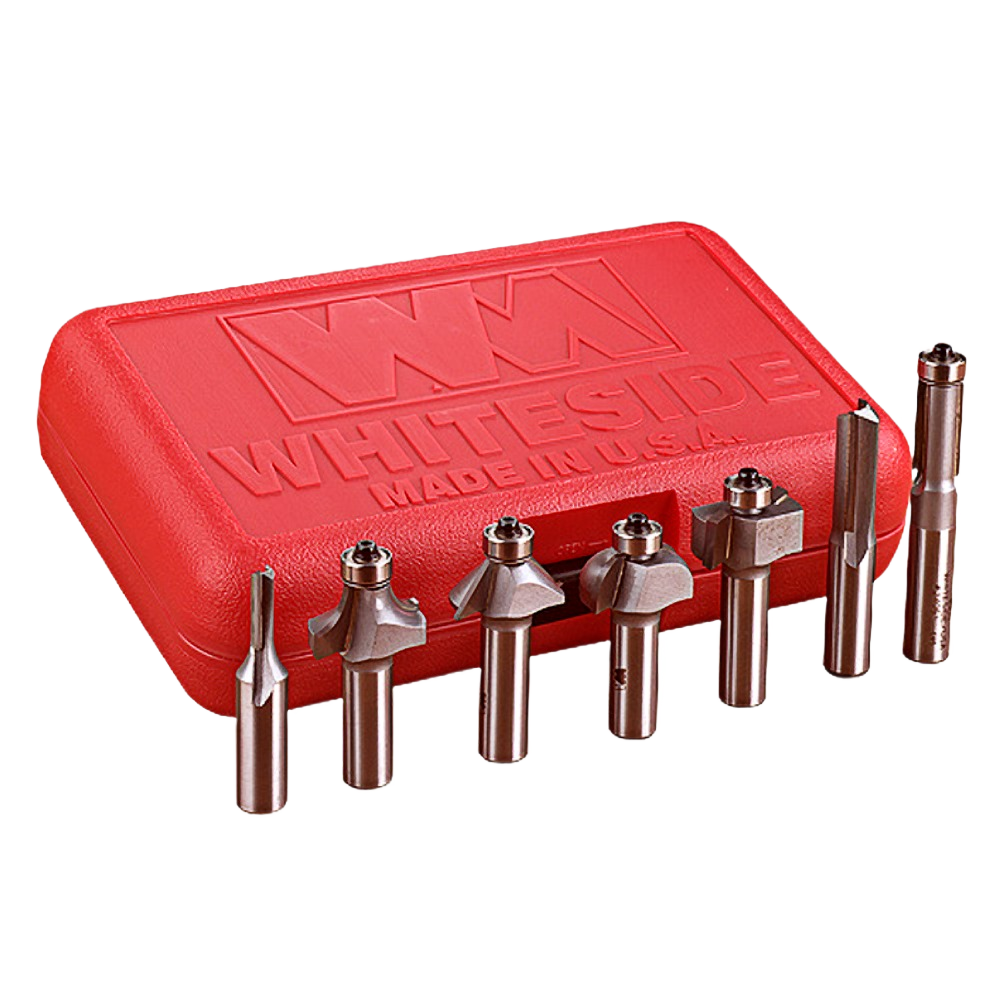 Set of seven professional router bits with 1/2 inch shank and red storage case in tool accessories and power tool collections