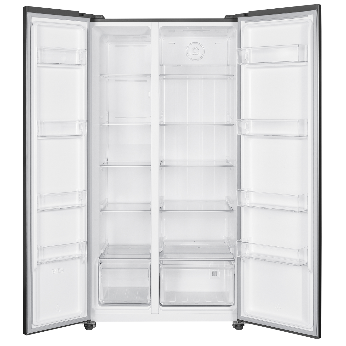 Open stainless steel side-by-side refrigerator showing spacious interior with adjustable shelves and clear door bins, part of kitchen appliances and side-by-side refrigerators collections.