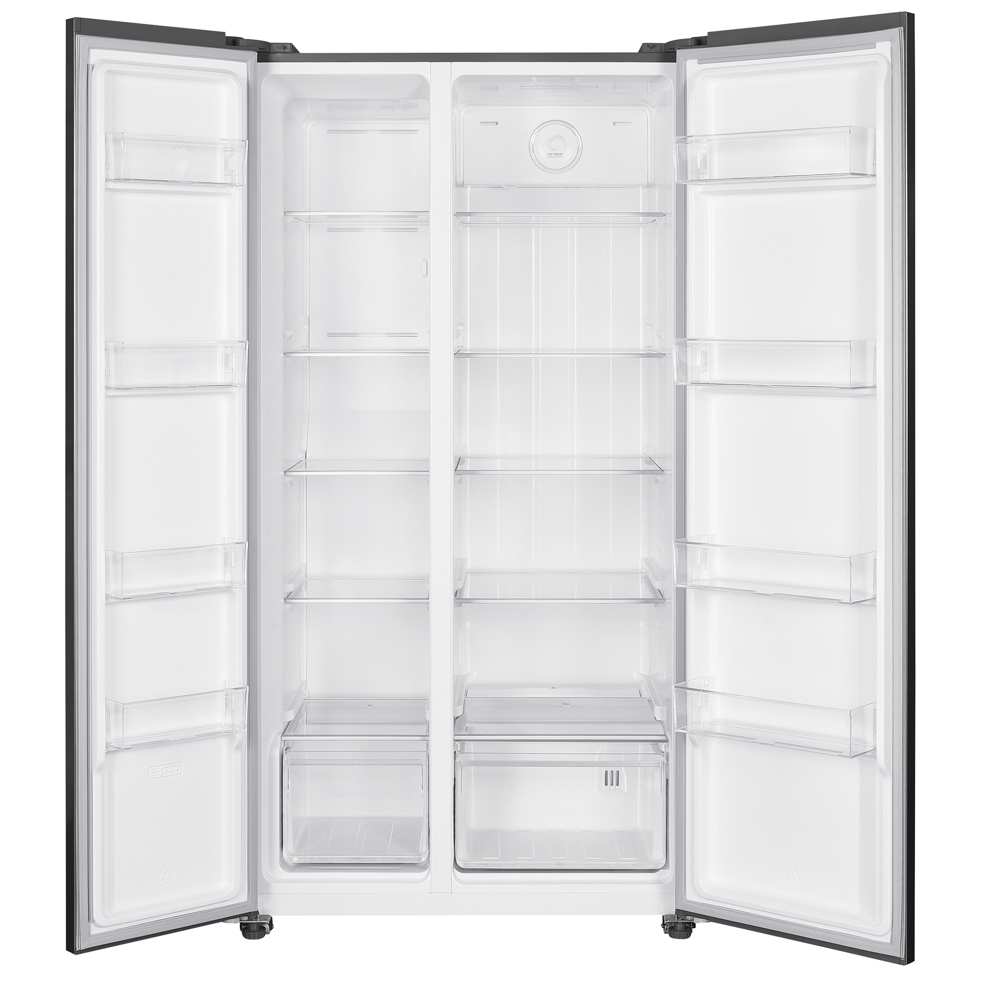 Open stainless steel side-by-side refrigerator showing spacious interior with adjustable shelves and clear door bins, part of kitchen appliances and side-by-side refrigerators collections.
