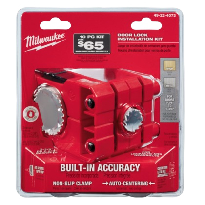 Red Milwaukee door lock hole saw kit with built-in accuracy clamp and auto-centering for power tool accessories collection