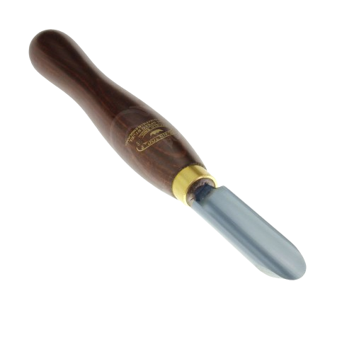 Woodworking gouge with polished steel blade and dark wooden handle, ideal for detailed spindle turning and home improvement tasks