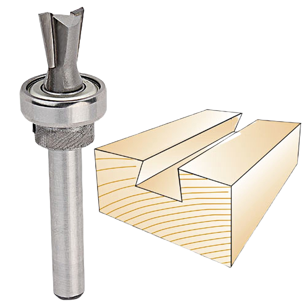Steel dovetail router bit with bearing guide alongside an illustration of a dovetail joint in wood for woodworking use