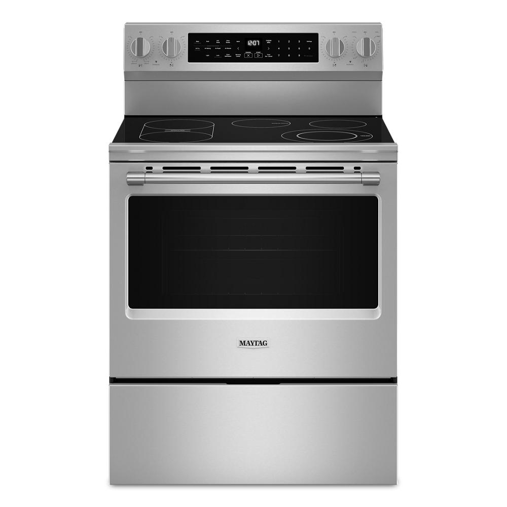 Stainless steel 30-inch electric range with glass cooktop, control knobs, and digital display in ranges collection