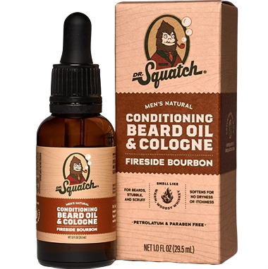 Amber glass bottle with black dropper and brown box packaging for Fireside Bourbon beard oil and cologne by Dr. Squatch