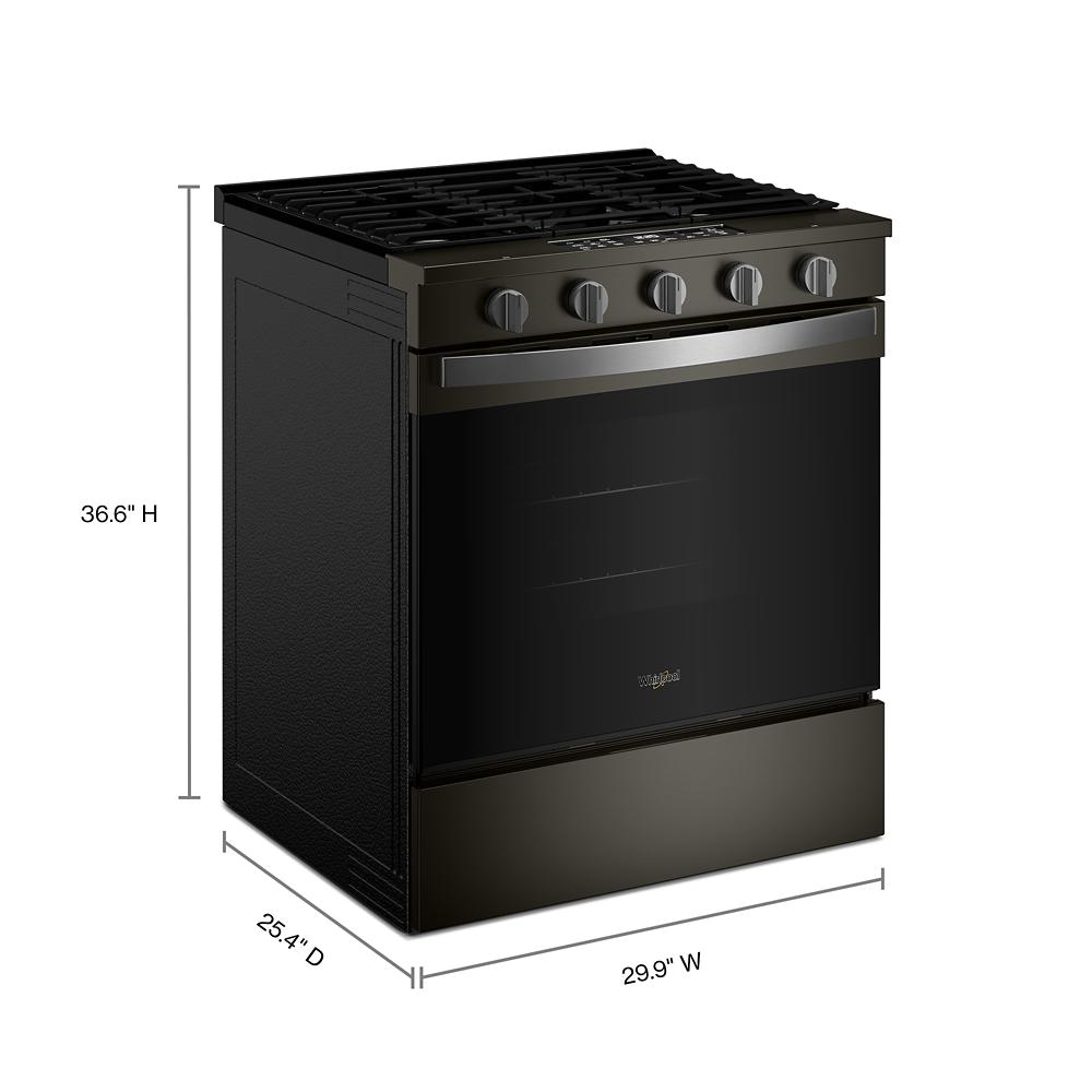 Black freestanding 30-inch gas smart range with five control knobs and oven door, shown with product dimensions in kitchen appliances collection