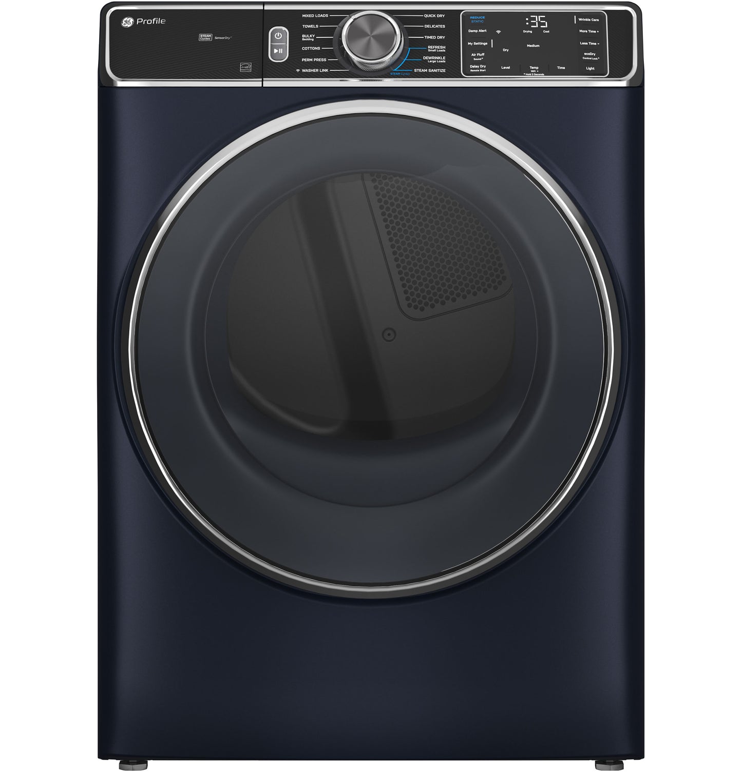 Dark blue smart front load gas dryer with large round door and digital control panel in dryers and appliances collection