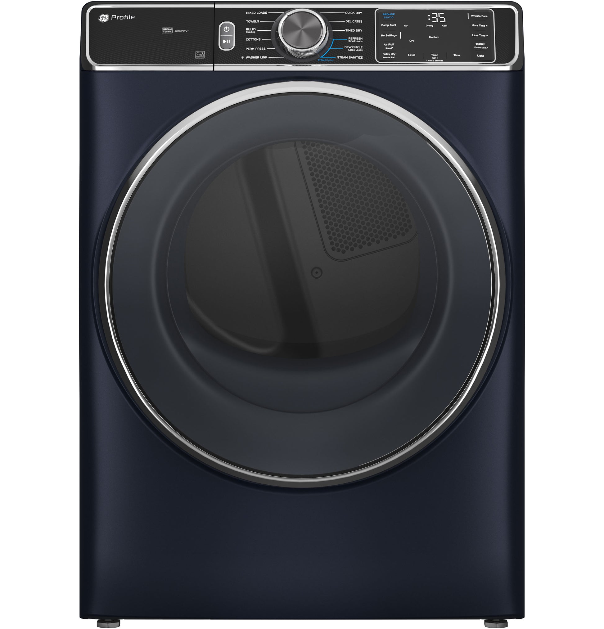 Dark blue smart front load gas dryer with large round door and digital control panel in dryers and appliances collection