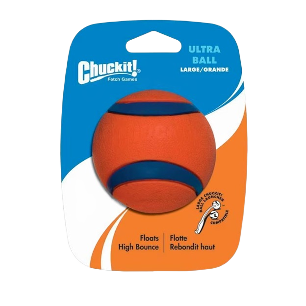 Orange and blue high bounce ball designed for outdoor fetch games with compatible launcher packaging background