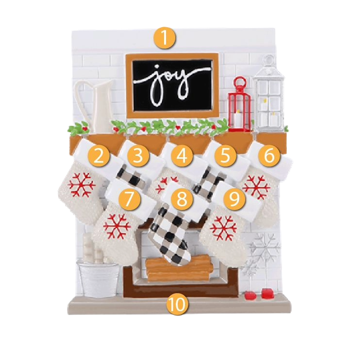 Cozy fireplace ornament with eight personalized stockings in red and black patterns for Christmas décor under $50
