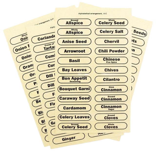 Clear rectangular spice labels with black text for kitchen organization in food storage and kitchenware collections