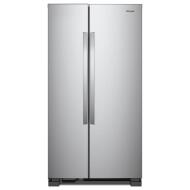 Stainless steel 33-inch side-by-side refrigerator with adjustable storage and LED lighting in appliances collection