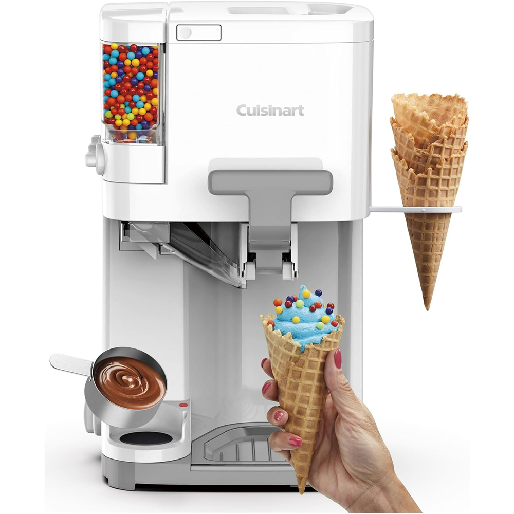 White Cuisinart soft serve ice cream maker with mix-in dispenser and waffle cones for customizable desserts