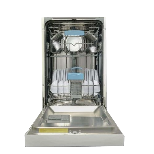 Open built-in dishwasher loaded with clean dishes and silverware basket in dishwashers and kitchenware collection