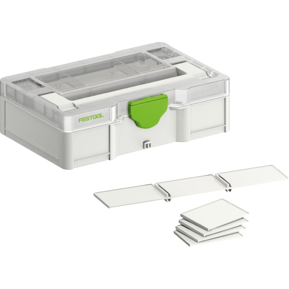 Compact white and green mini storage box with transparent lid and plastic dividers for tools and home improvement tasks