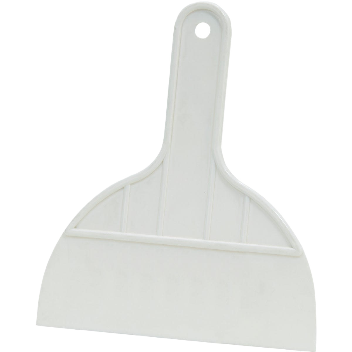 White 6-inch plastic taping knife with ergonomic handle designed for drywall and home improvement projects