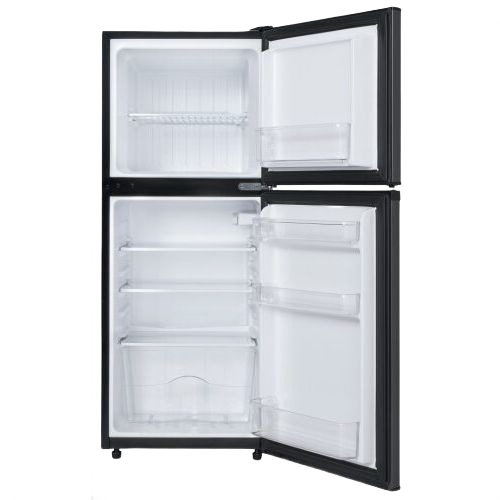 Compact black stainless steel refrigerator with independent freezer and interior compartments in kitchen appliances collection