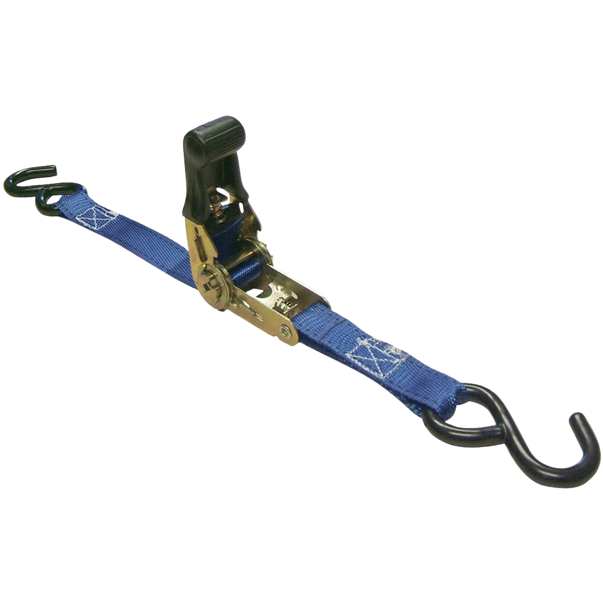 Blue ratchet strap with metal hooks and black handle for securing loads in tools and home improvement projects