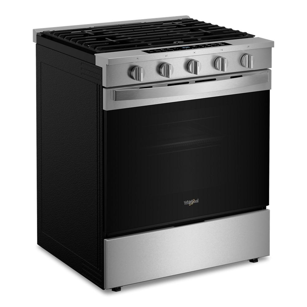 30-inch stainless steel and black gas range with front control knobs for kitchen and home improvement use