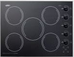 Black radiant cooktop with five electric burners and rotary control knobs for kitchen and home appliances.