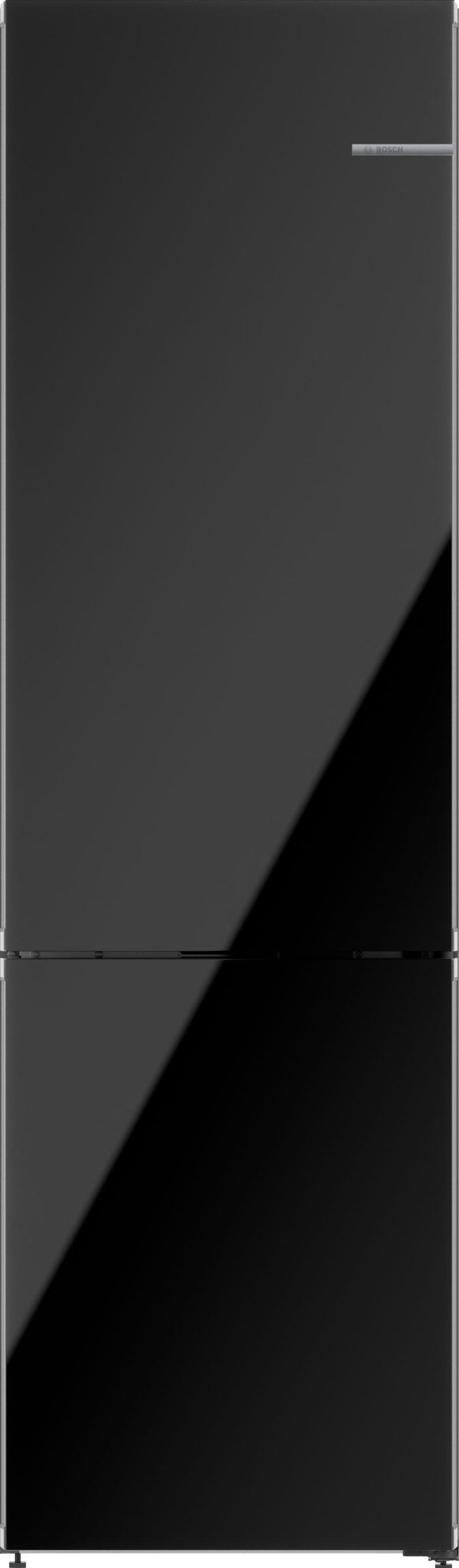 Sleek black free-standing fridge-freezer with bottom freezer and smooth glass door in Bosch kitchen appliances collection
