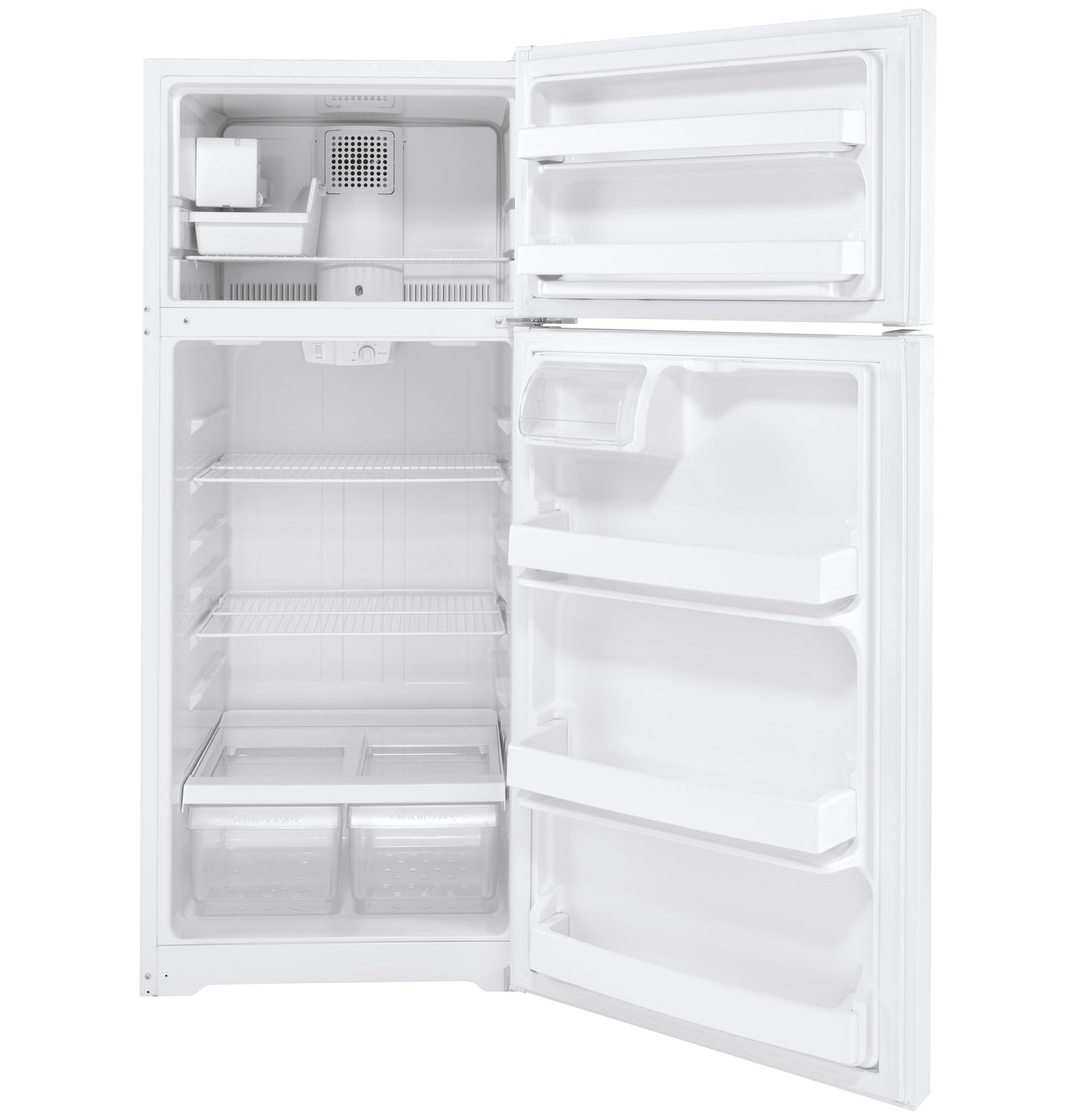 Open white top-freezer refrigerator with adjustable wire shelves and clear vegetable drawers in appliance collection.