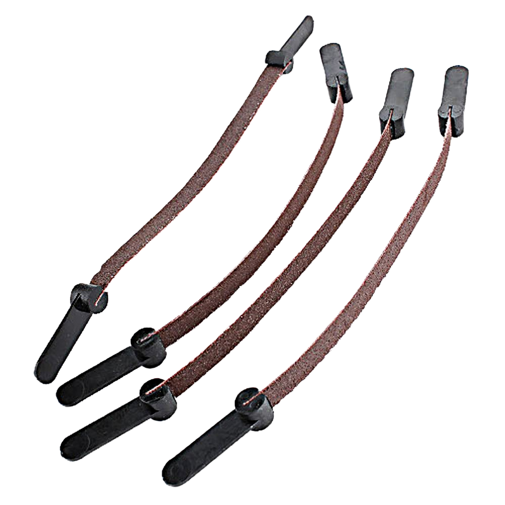 Set of four narrow sanding belts with black connectors for scrollsander tool accessories in home improvement projects