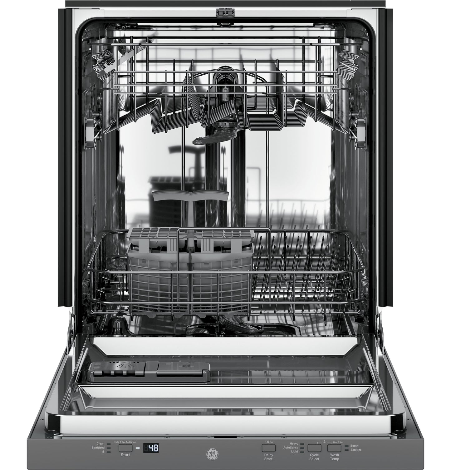 Open panel-ready dishwasher with stainless steel interior, adjustable racks, and control buttons from Dishwashers and Appliances collections