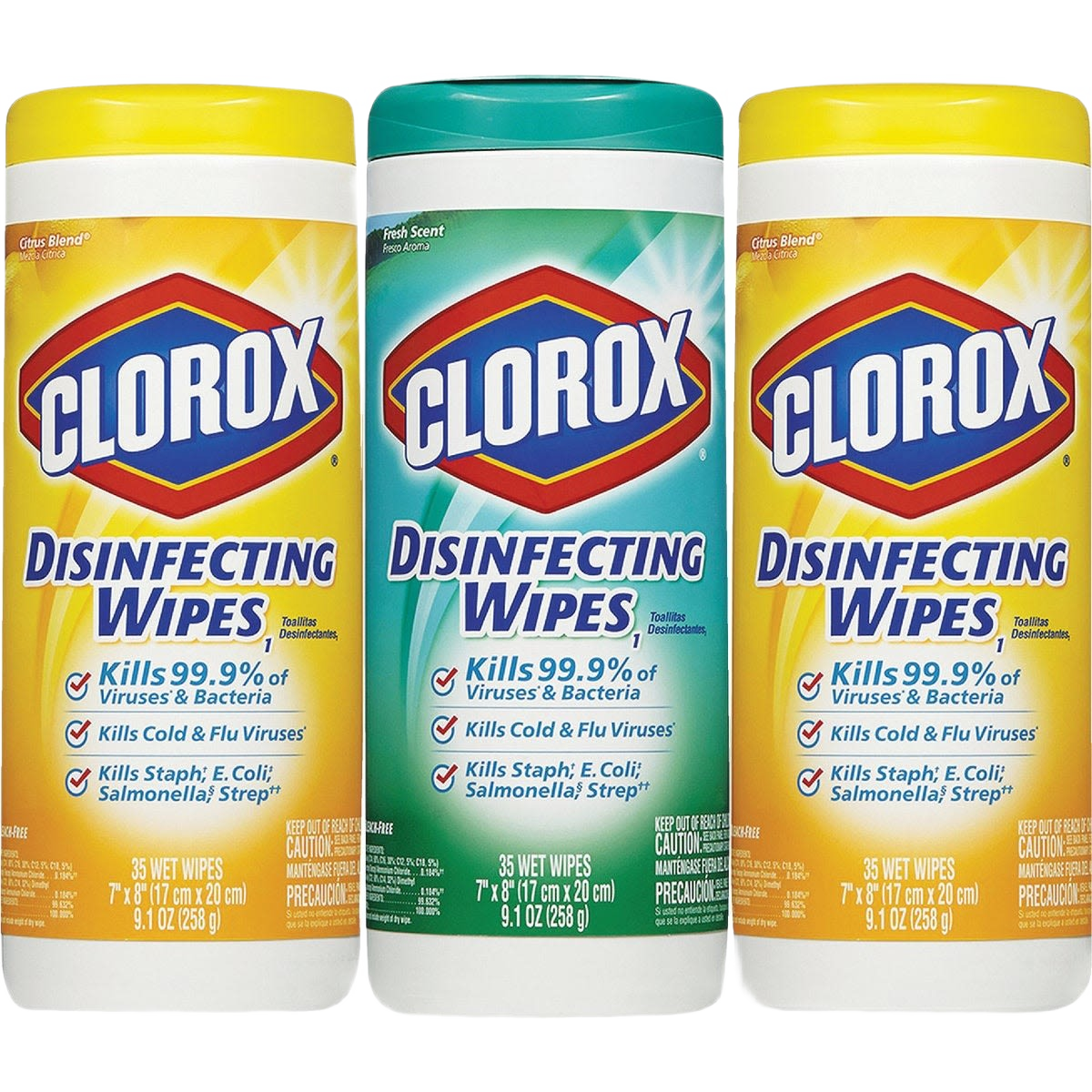 Three containers of Clorox Disinfecting Wipes, 3-Pack featuring fresh and citrus scents in cleaning wipes collection under $50
