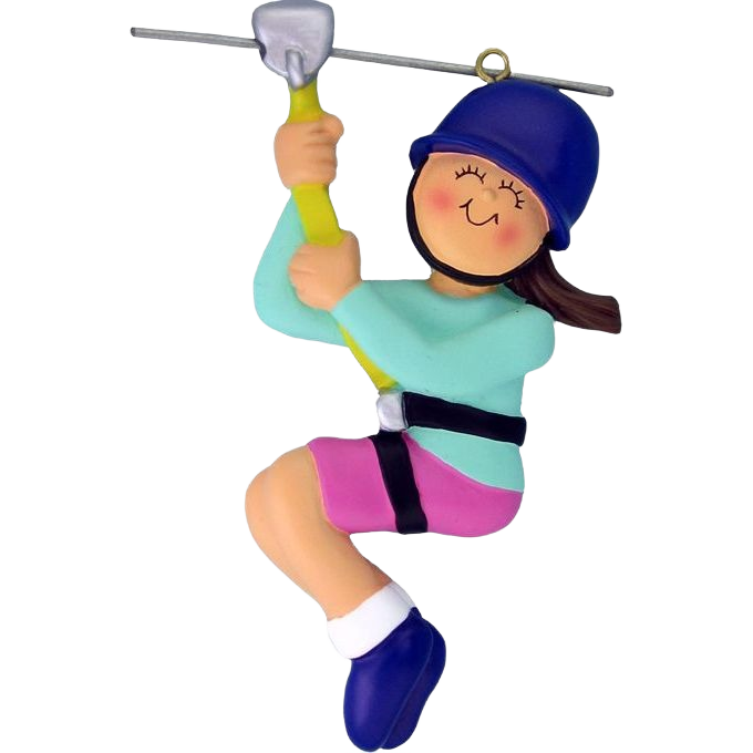 Brunette female figurine in blue helmet and pink shorts zip lining Christmas ornament for tree décor under $50