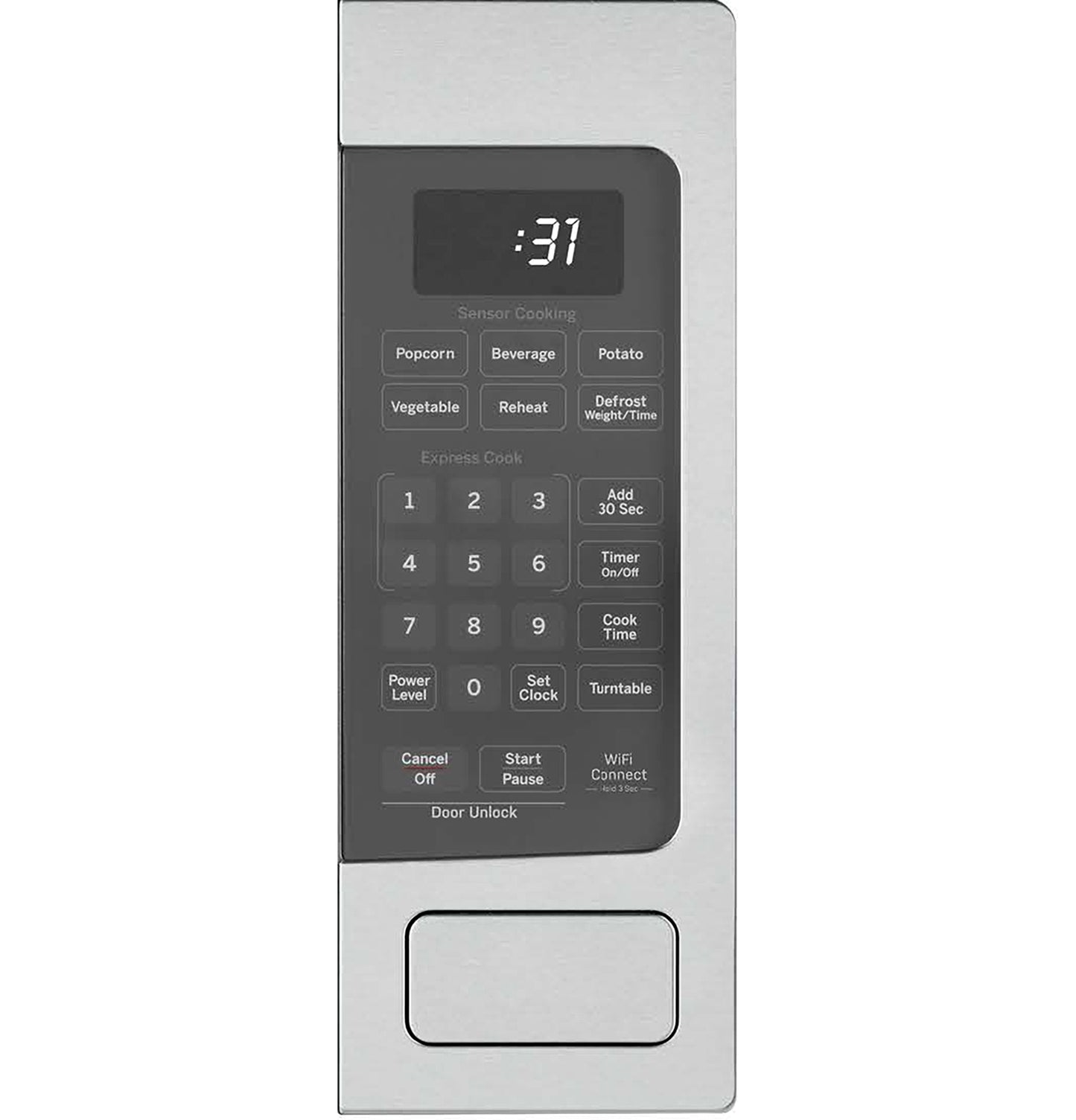 Control panel of stainless steel countertop microwave with digital display and preset cooking buttons from Microwaves collection