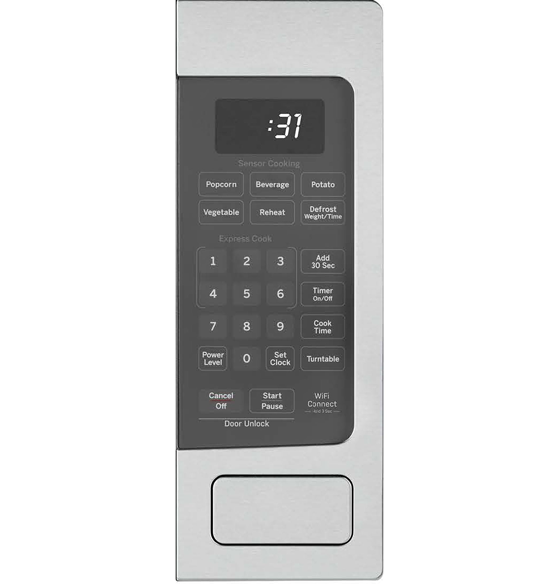 Control panel of stainless steel countertop microwave with digital display and preset cooking buttons from Microwaves collection