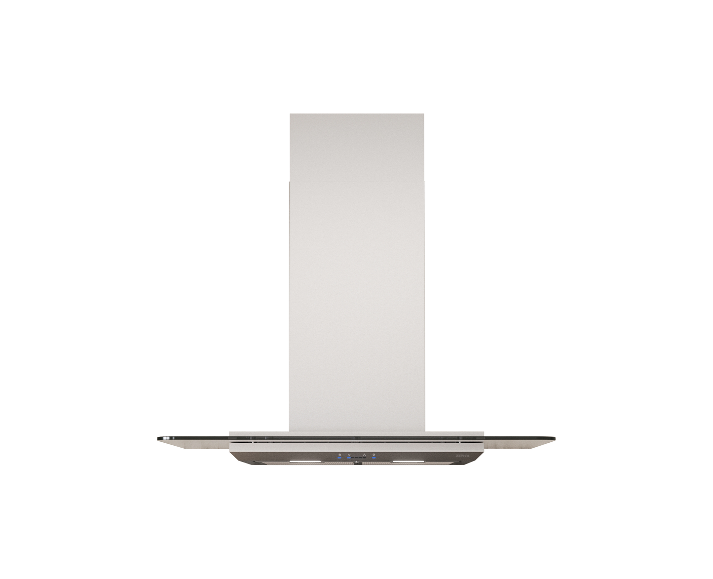 Modern stainless steel chimney hood with straight glass canopy and LED lighting in range hoods and kitchen appliances collection