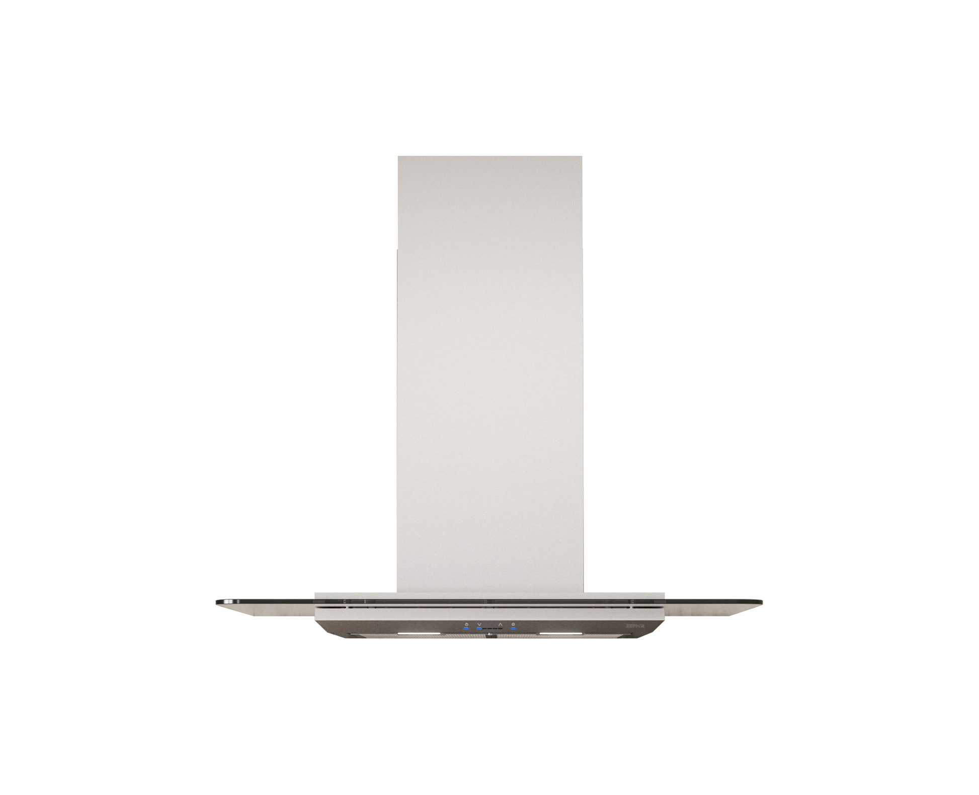 Modern stainless steel chimney hood with straight glass canopy and LED lighting in range hoods and kitchen appliances collection