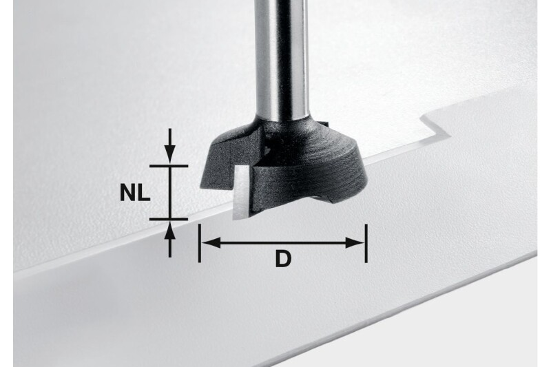 Close-up of a Festool edge banding plane router bit cutting a precise groove in wood for woodworking tool accessories.