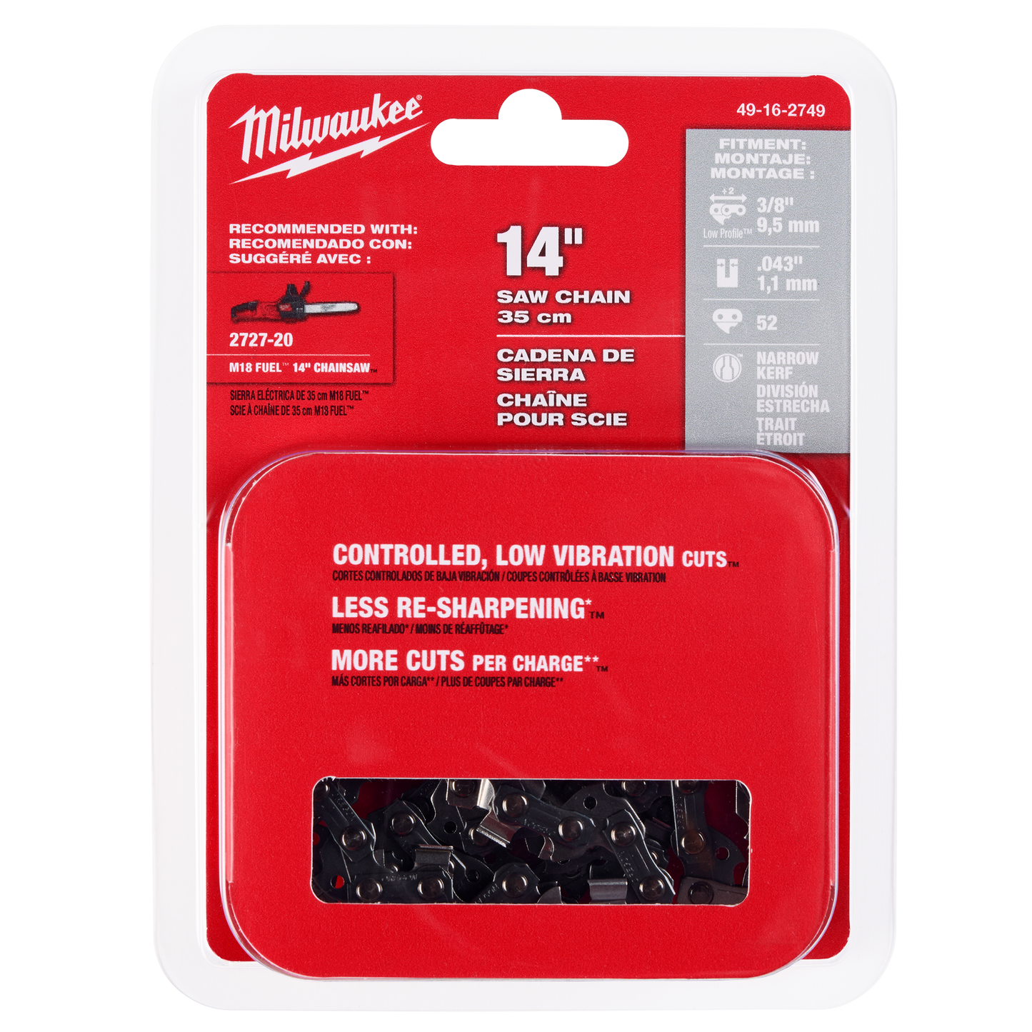 Red and white packaging of a 14-inch saw chain with clear window showing black metal chain for tools and home improvement projects