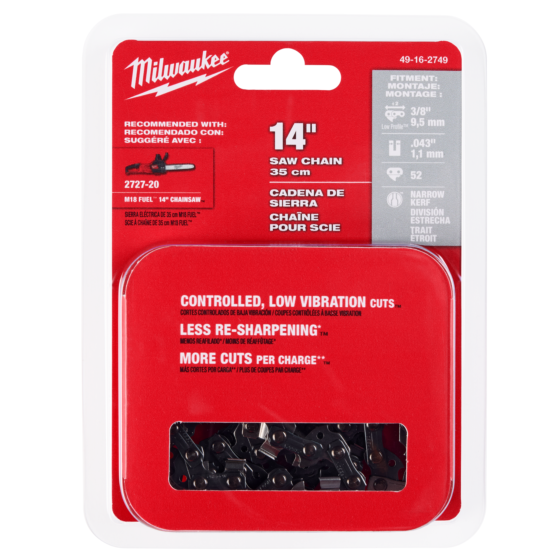 Red and white packaging of a 14-inch saw chain with clear window showing black metal chain for tools and home improvement projects
