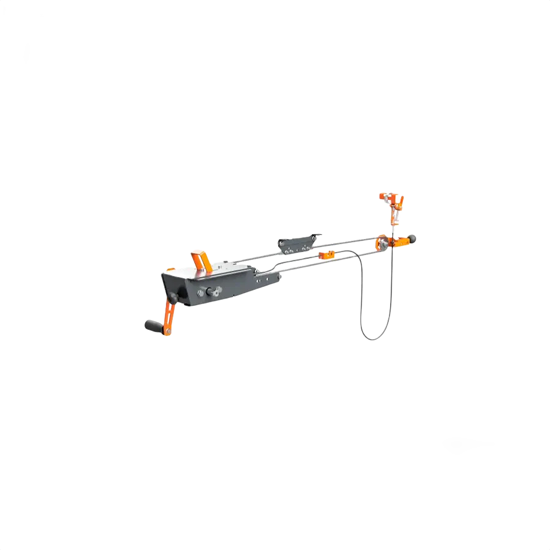Metal and orange remote crank feed attachment for gas saws designed to improve safety and efficiency in woodcutting tasks