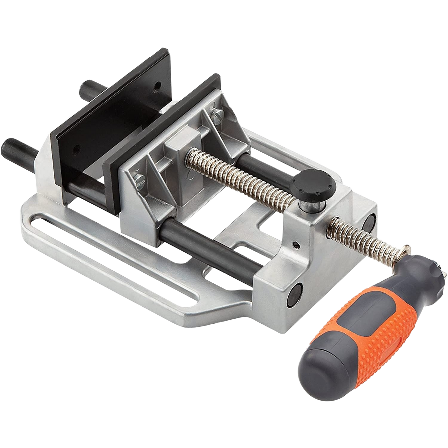 Compact metal drill press vise with orange and black ergonomic handle for secure clamping in tool projects