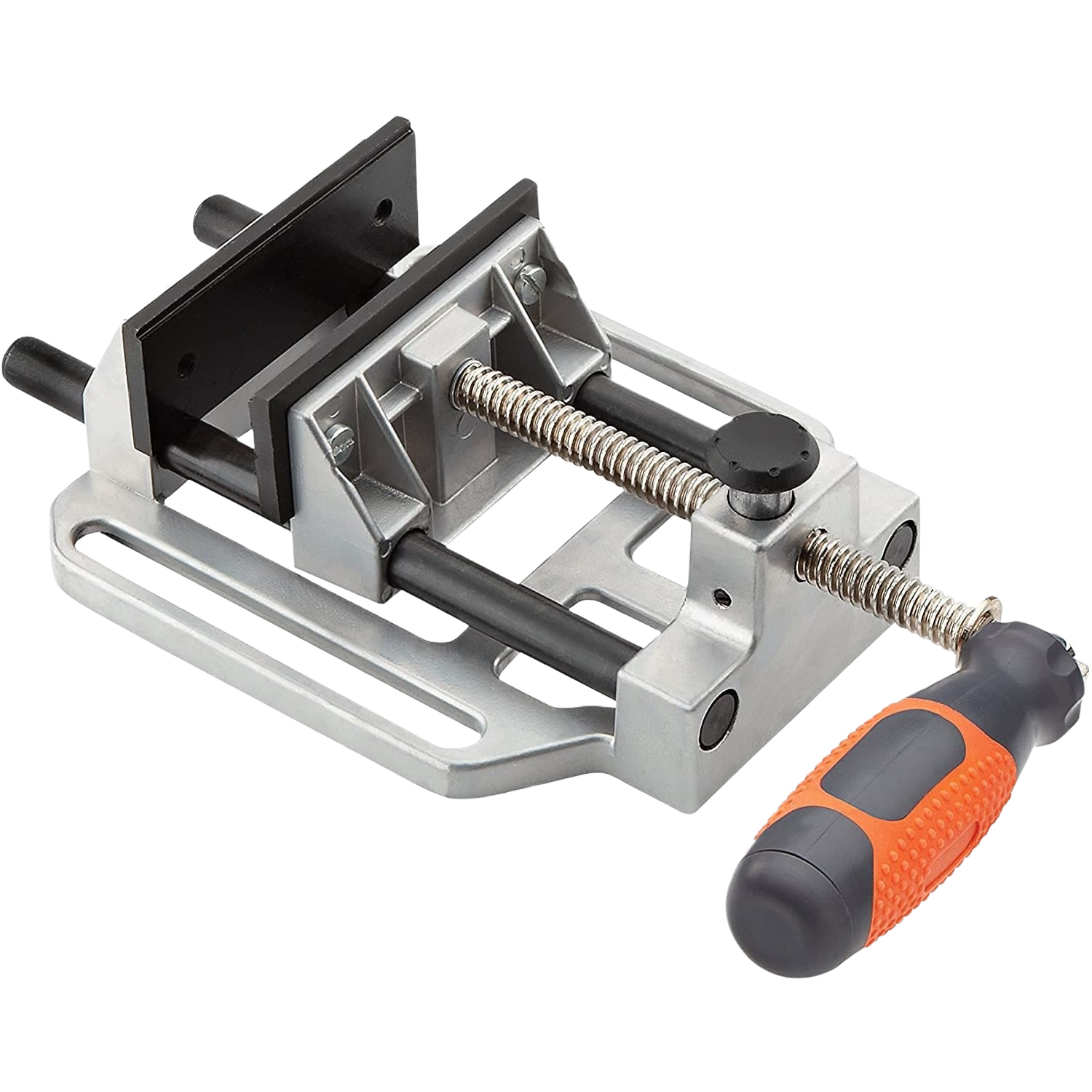 Compact metal drill press vise with orange and black ergonomic handle for secure clamping in tool projects