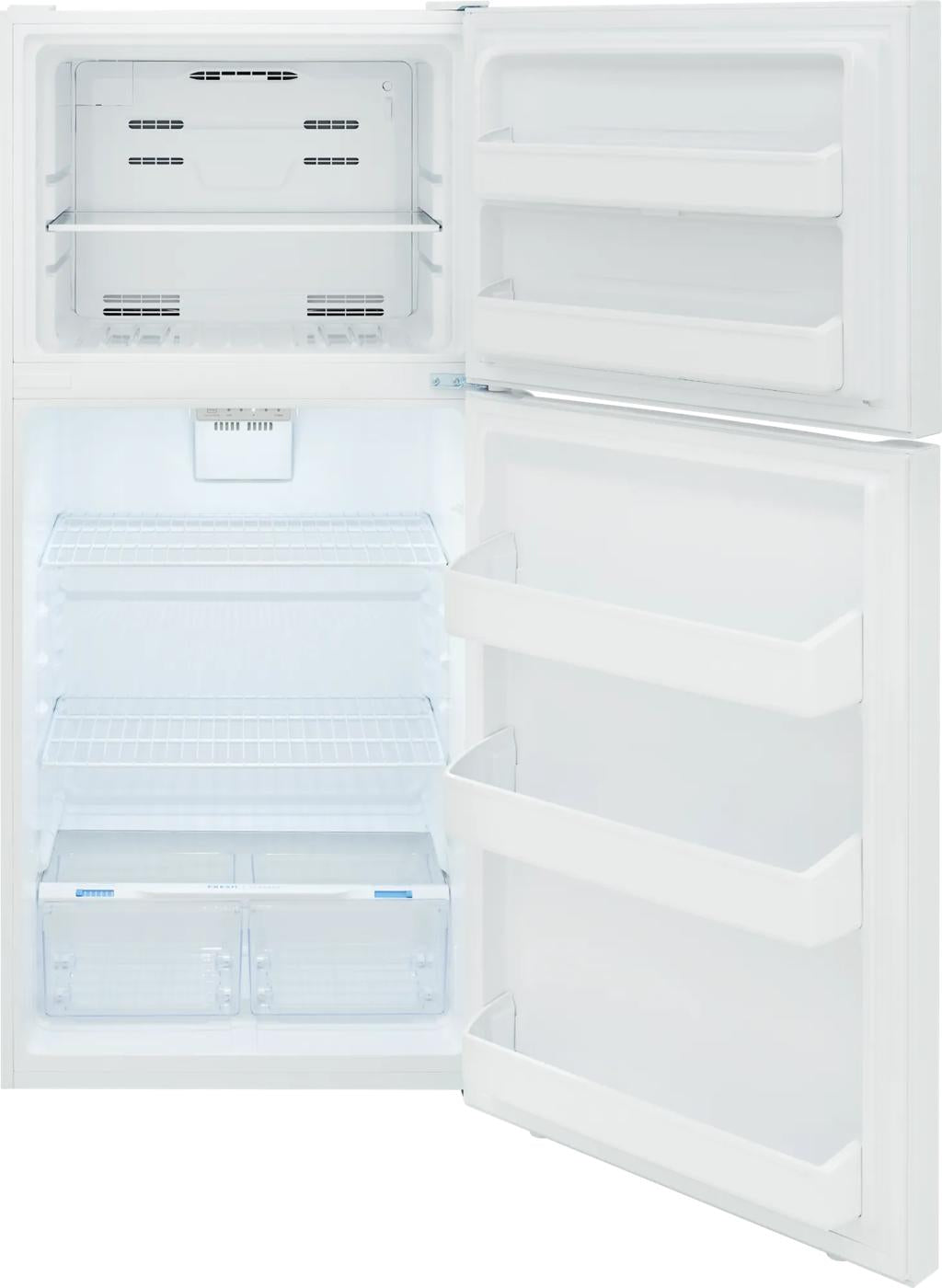 Open white top freezer refrigerator with clear crisper drawers and spacious door storage from kitchen appliances collection