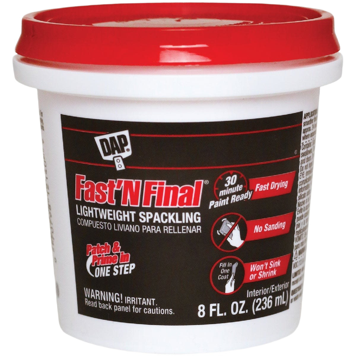 White lightweight spackling compound in 8 oz container for quick patching and priming in home improvement projects