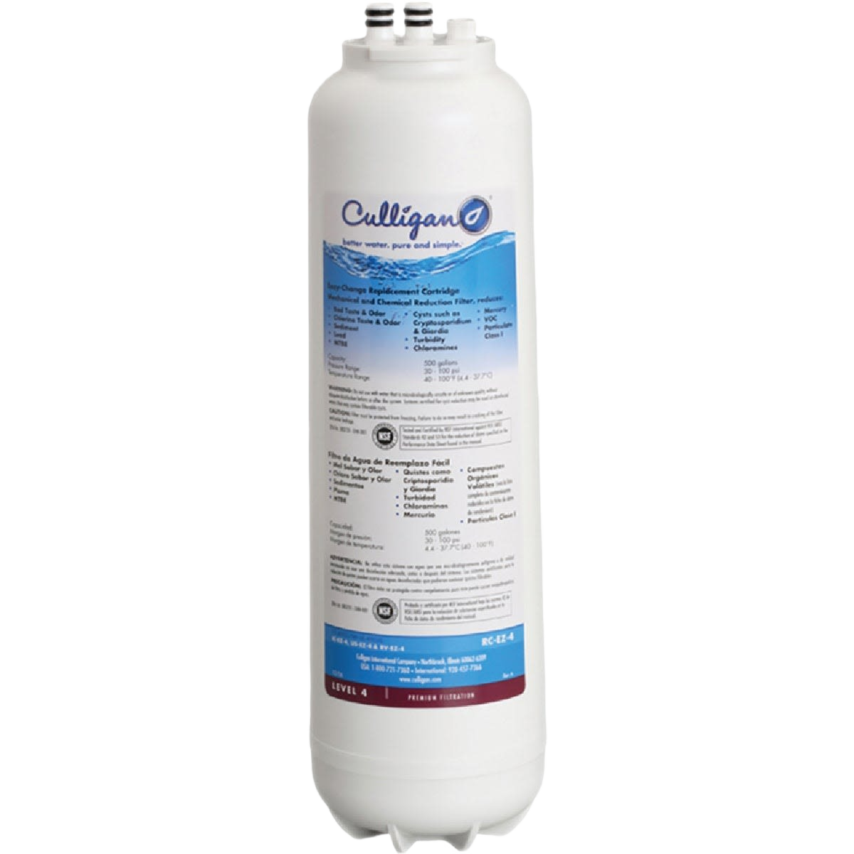 White cylindrical water filter cartridge labeled for chemical and sediment reduction in home water systems