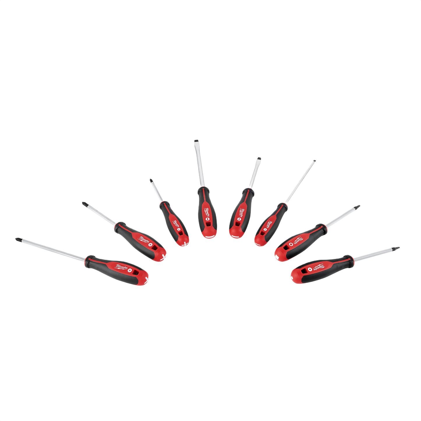 Set of eight red and black screwdrivers with various tips for precision tasks in tools and home improvement projects