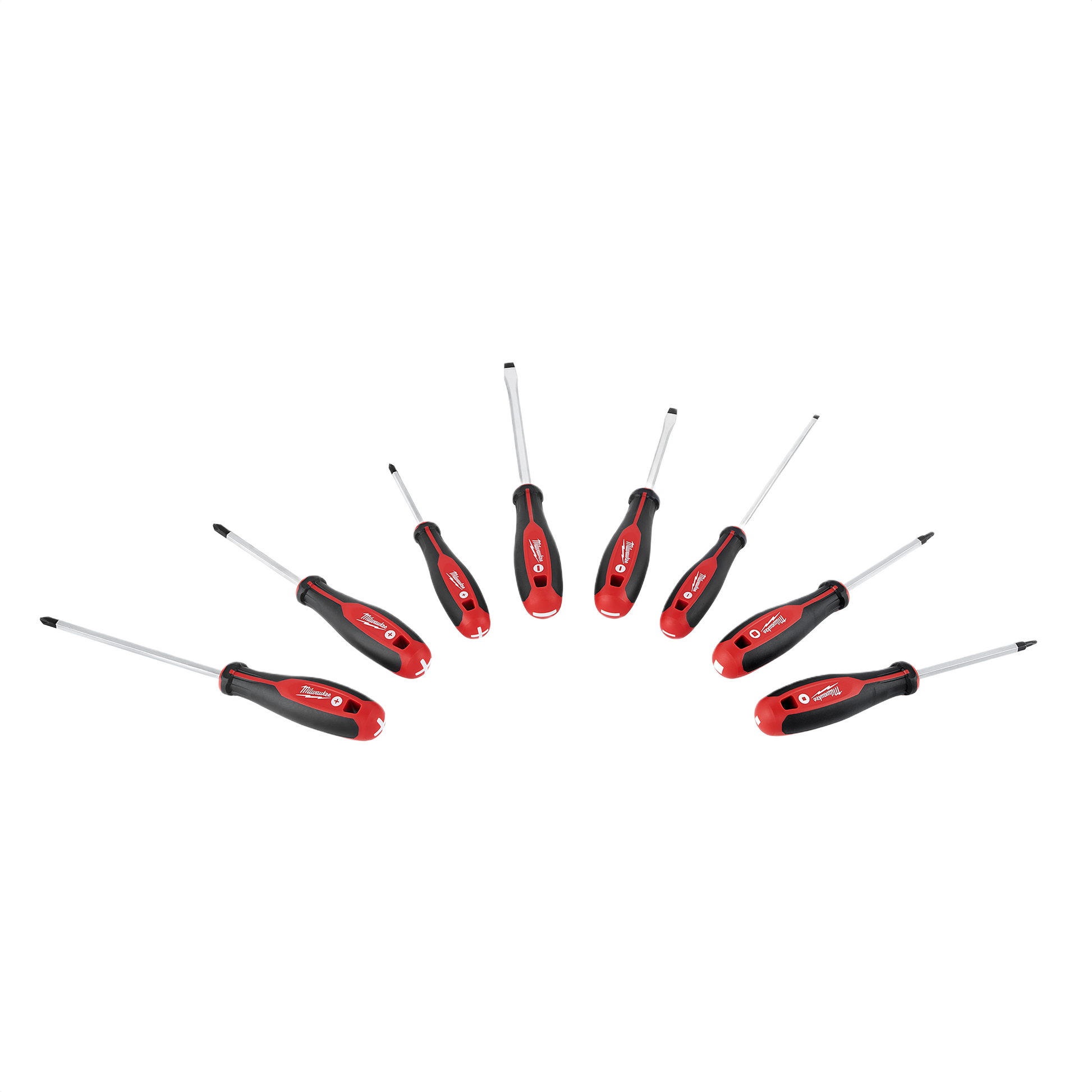 Set of eight red and black screwdrivers with various tips for precision tasks in tools and home improvement projects
