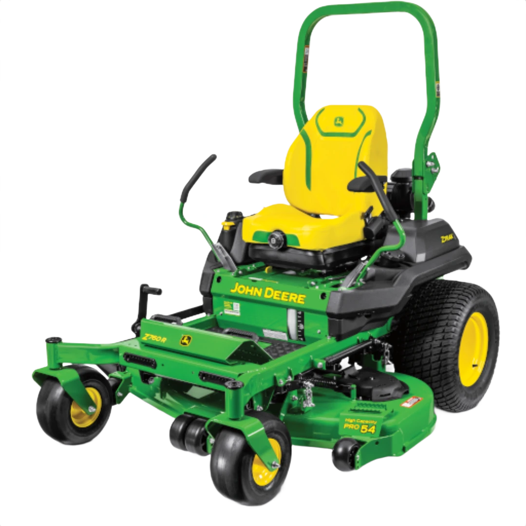 Green and yellow zero-turn mower with 60-inch cutting deck and padded operator seat for outdoor lawn care tasks