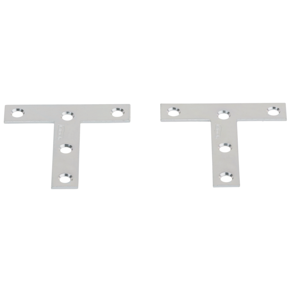 Two zinc T-plates with countersunk holes for 90-degree wood joint reinforcement in building hardware collections