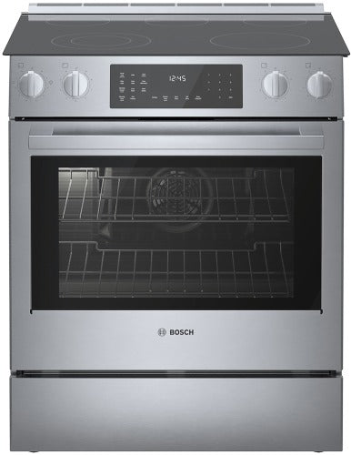 Stainless steel electric slide-in range with touch controls and heavy-duty metal knobs in Bosch kitchen appliances collection