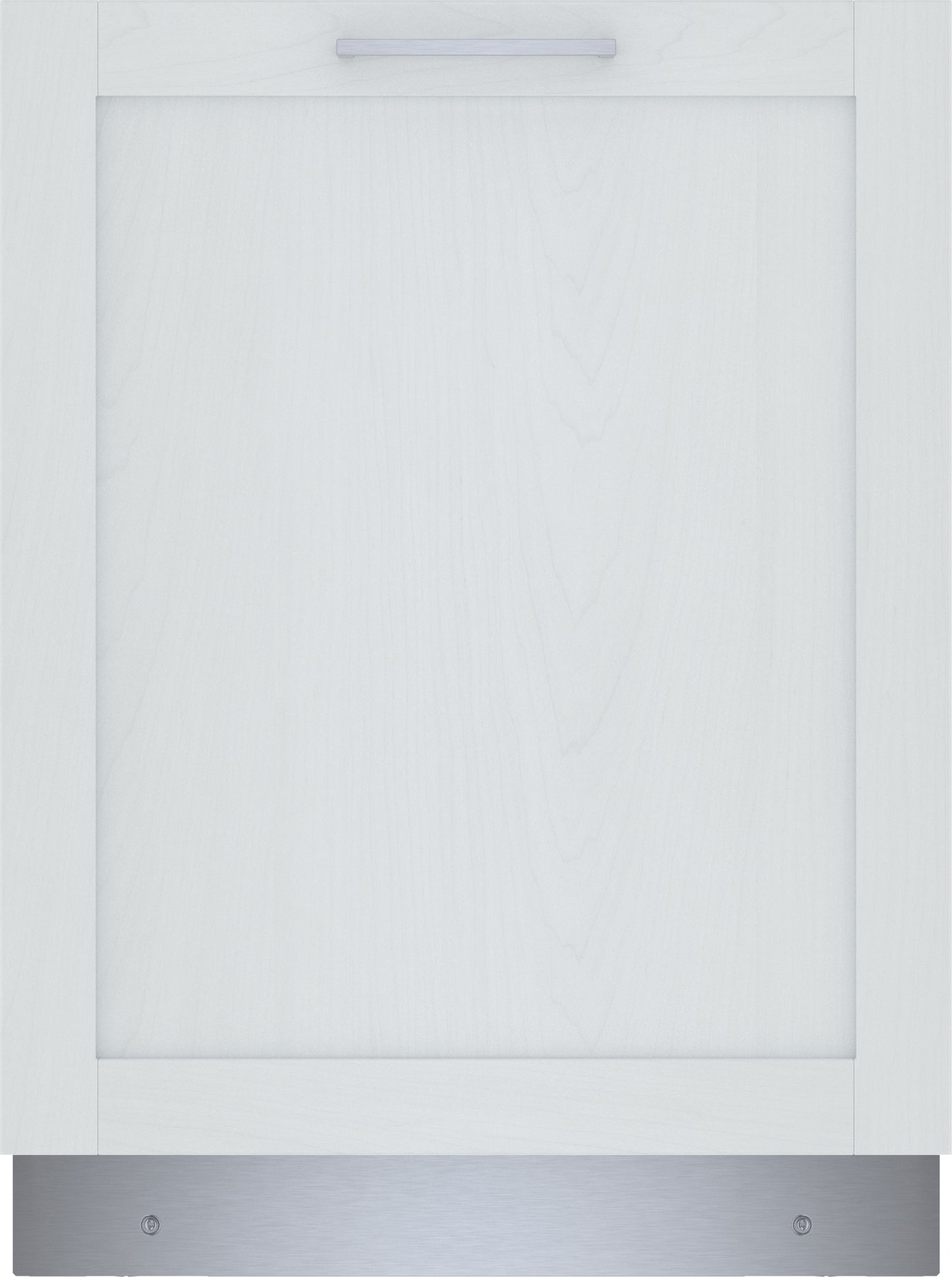 Built-in 24-inch dishwasher with custom white wood panel and stainless steel toe kick from Bosch Appliances collection