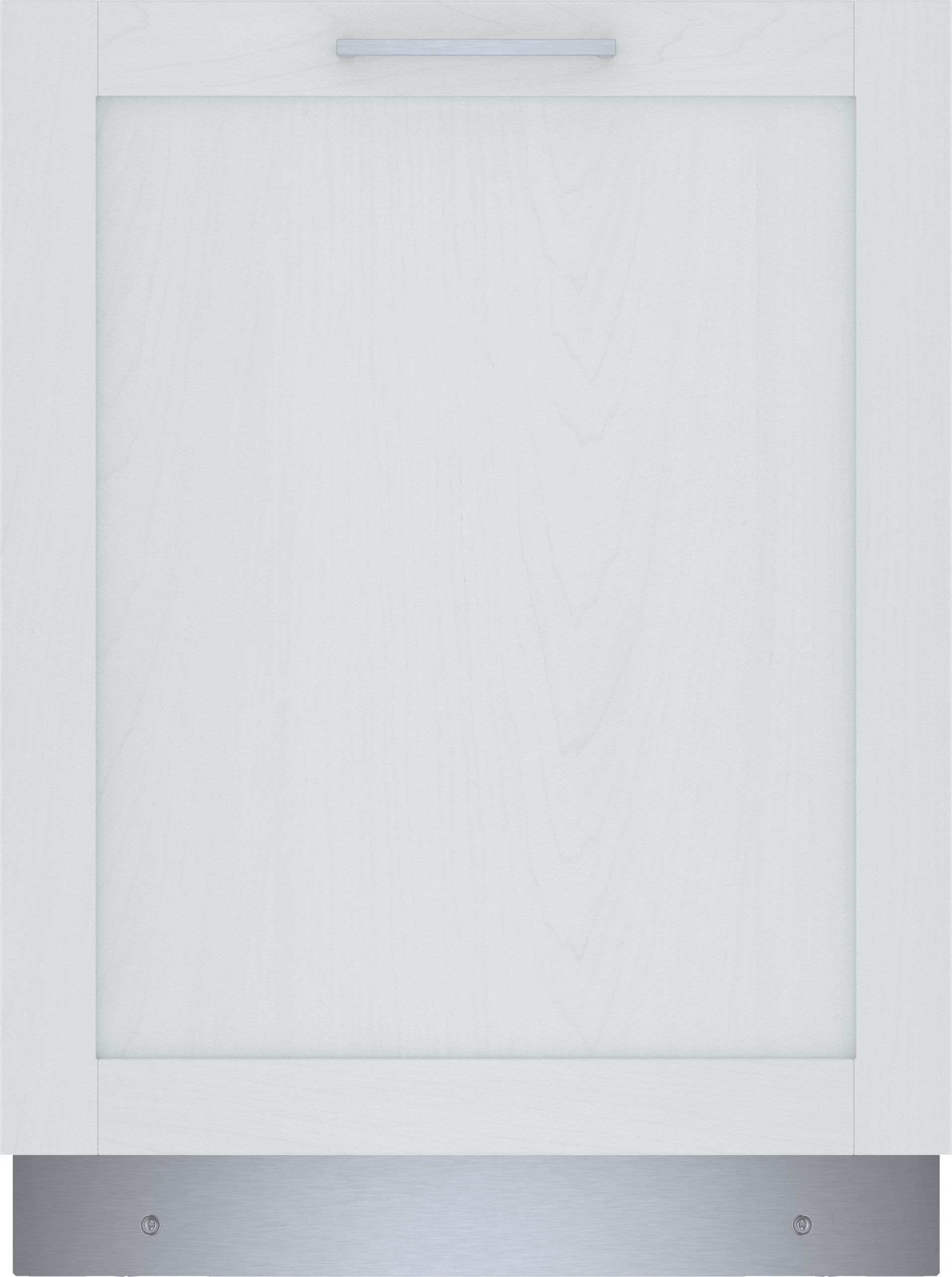 Built-in 24-inch dishwasher with custom white wood panel and stainless steel toe kick from Bosch Appliances collection