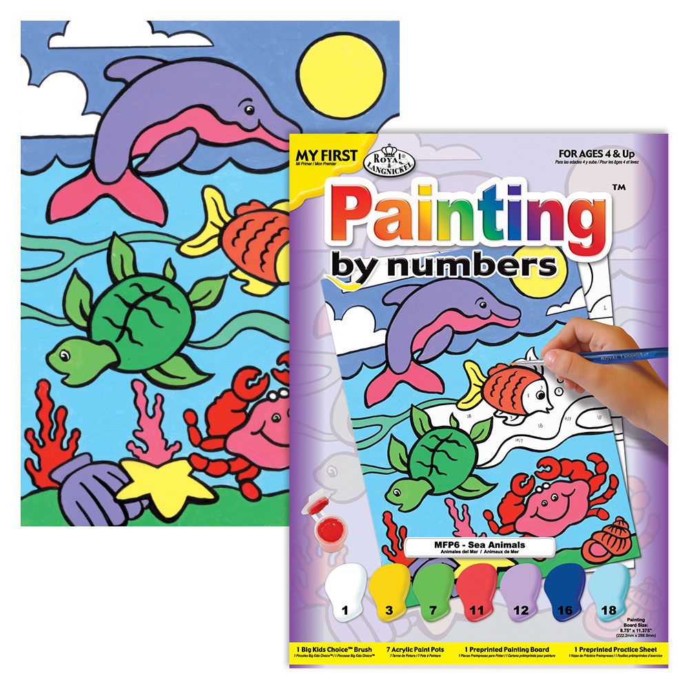 Child painting by numbers kit featuring colorful sea animals including dolphin, turtle, fish, and crab in ocean scene